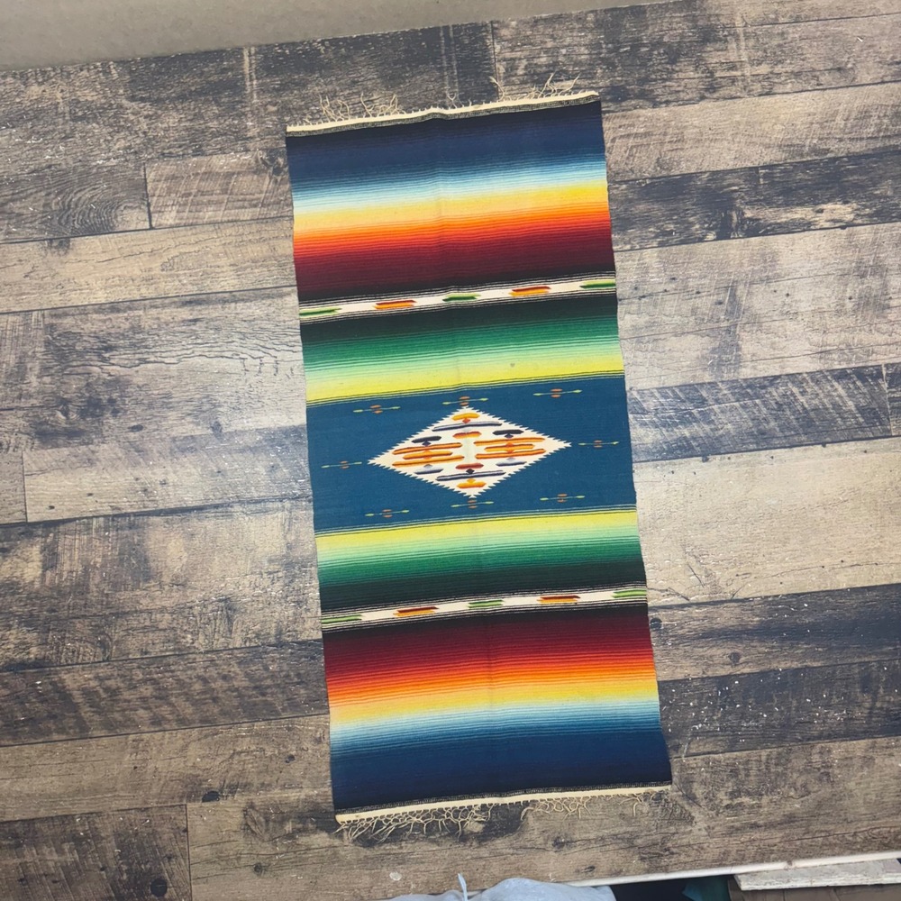 Antique Southwestern Serape Blanket Rug‎ Table Runner Fringe Teal Diamond